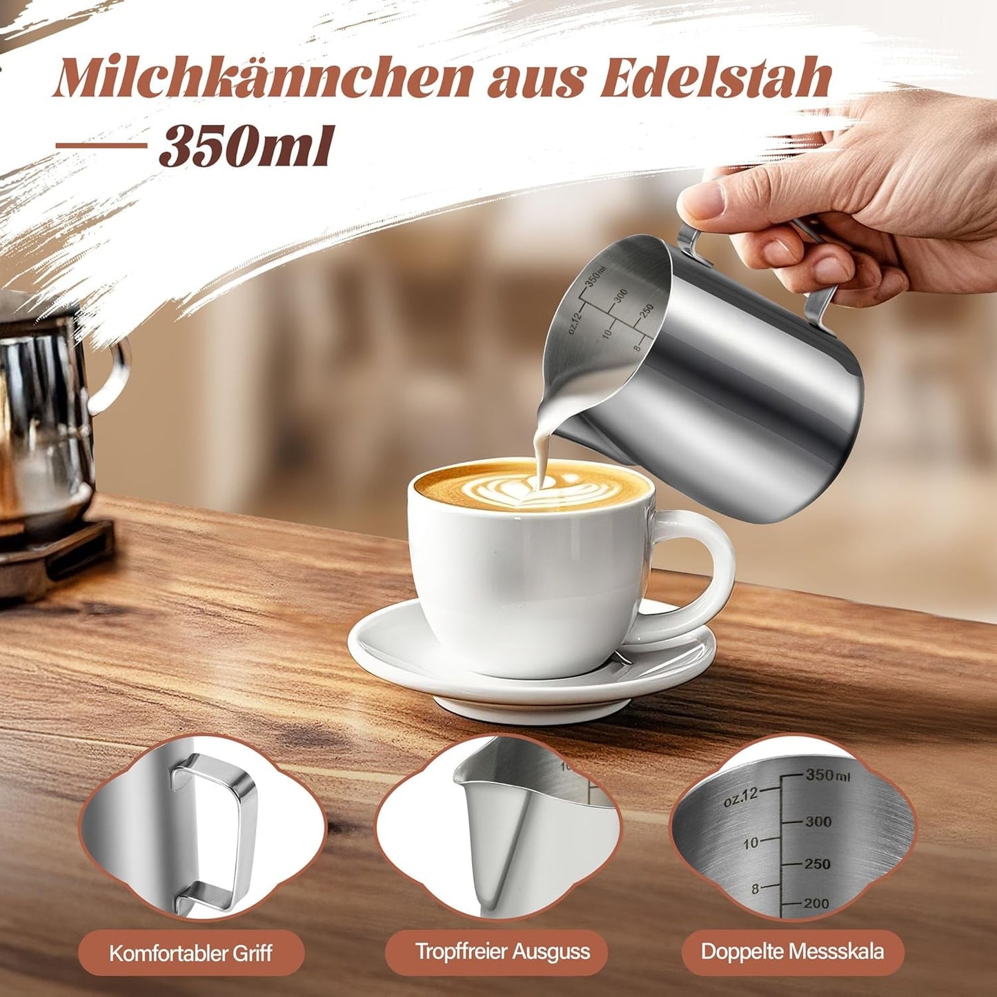 Tasse à lait, tasse à lait en acier inoxydable de 350 ml avec marque de mesure, accessoire Barista, tasse à lait pour cappuccino, expresso, latte art, amateurs de café, argent, 355 ml