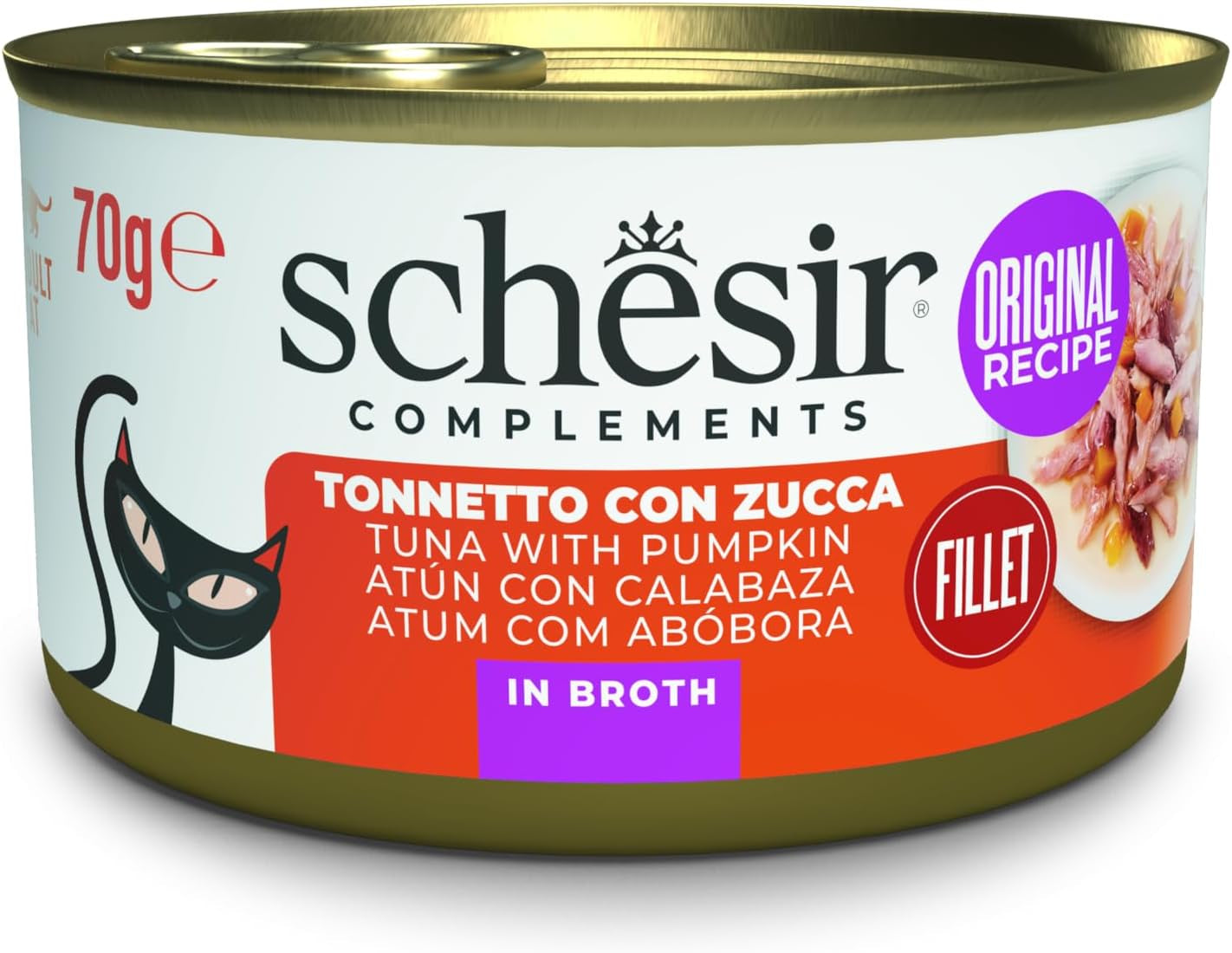 Thon au potiron en bouillon, nourriture humide complémentaire pour chat, recette originale, 100% naturelle, 12 boîtes de 70g chacune