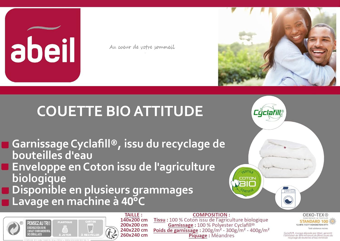 Abeil 15000000529 Couverture, housse en coton bio - garnissage 100% polyester Cyclafill, blanc, 200 X 200 Cm Couettes et couettes Naty Shop