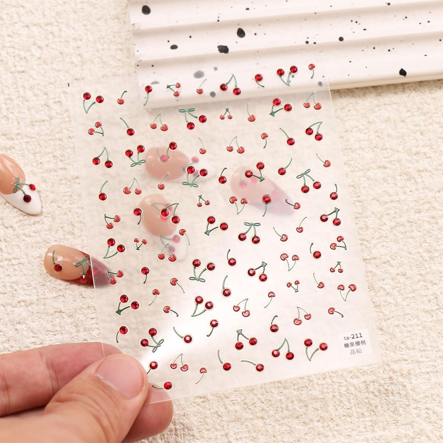 JMEOWIO 3D Nagelsticker Kirsche Nail Art Sticker Selbstklebend Nagelaufkleber 5D Stéréoscopique Décoration Nageldesign Zubehör 1 Blatt