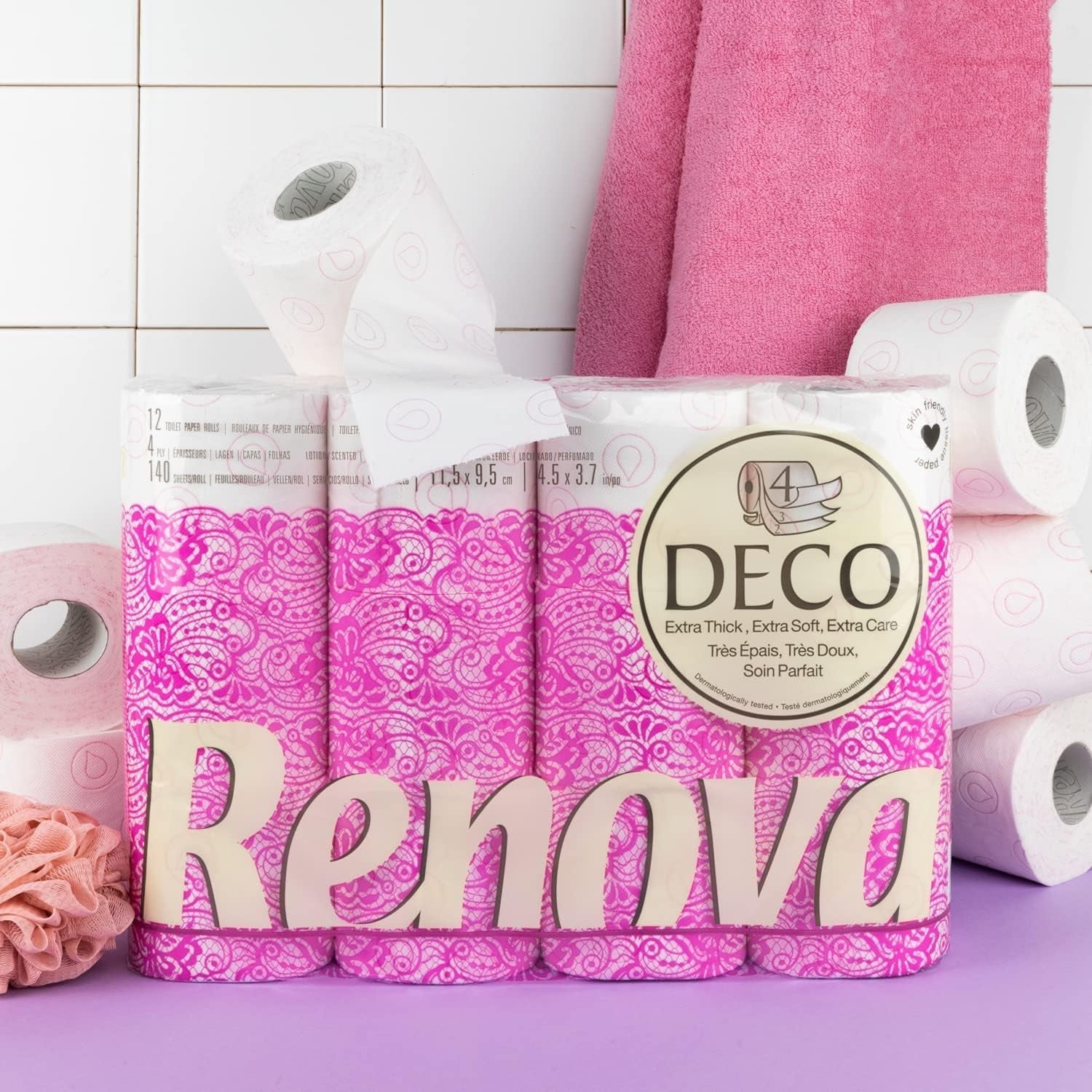 Papier toilette Renova 4 couches blanc décoré parfumé - 12 rouleaux rouleau Blanco Decorado Perfumado
