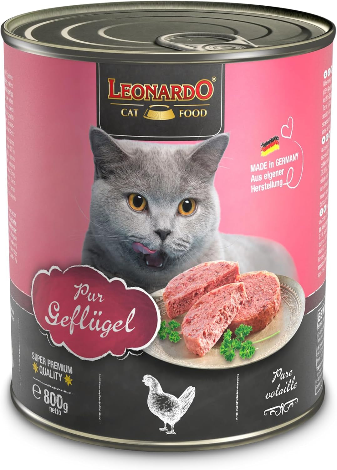 LEONARDO Nassfutter für Katzen, Geflügel pur, dose de 6X 800g, Katzenfutter getreidefrei, Alleinfutter, fabriqué en Allemagne