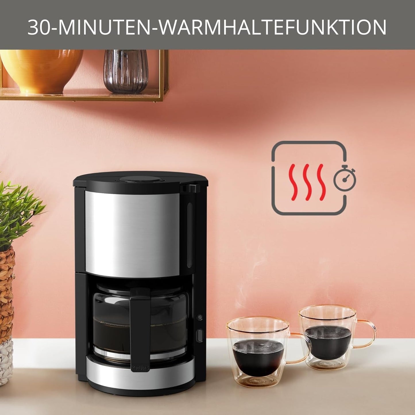Krups KM3210 Pro Aroma Plus Machine à expresso, 10 tasses, 1,25 L, maintien au chaud pendant 30 minutes, fenêtre de niveau d'eau visible, système anti-goutte, noir avec applications en acier inoxydable