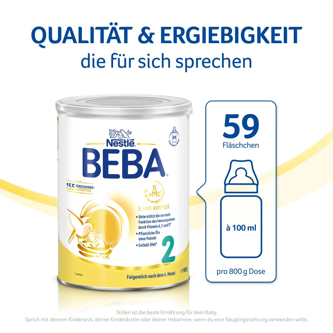 BEBA 2 - Lait de suite après 6 mois, avec complexe 5 HMO, teneur en protéines adaptée à l'âge, sans lactose, sans huile de palme, sans huile de poisson, nourriture pour bébé, lait en poudre pour bébé, lot de 3 (3 x 800 g)