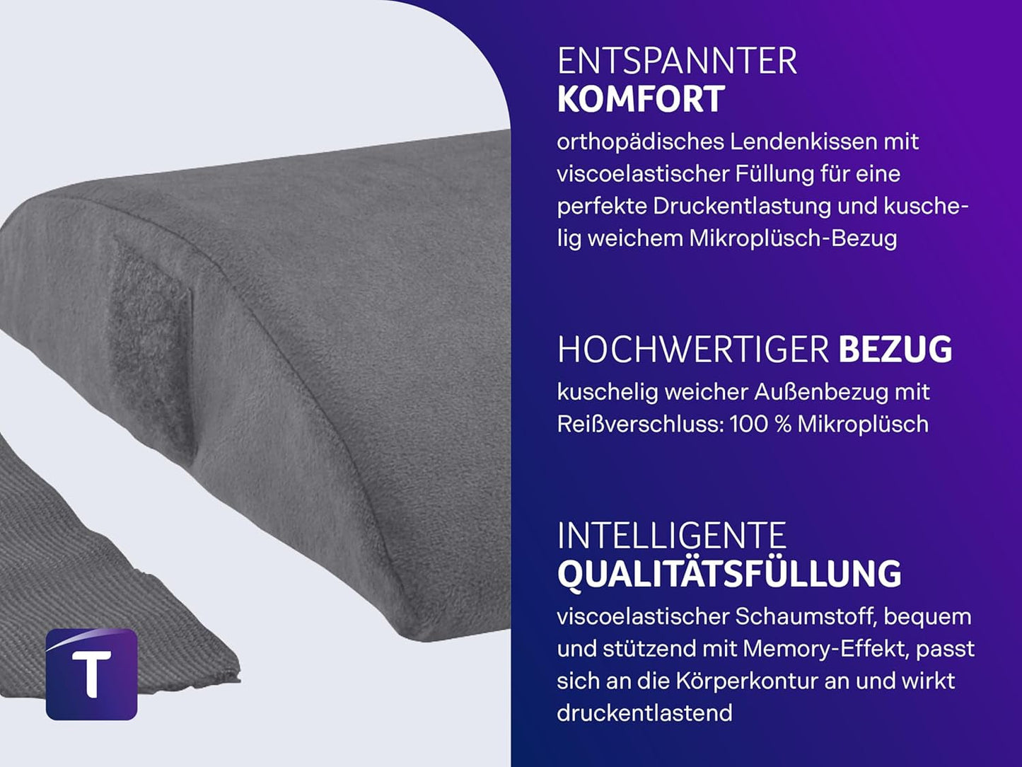 Oreiller orthopédique dorsal/lombaire Traumnacht avec noyau en mousse viscoélastique et housse en micropolaire douce pour la peau, certifié Oeko-Tex, fabriqué selon les normes de qualité allemandes