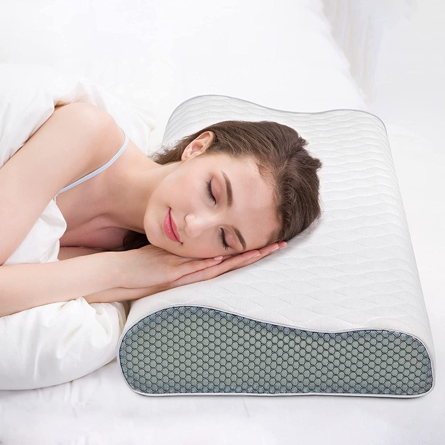 Fityou Oreiller en mousse à mémoire de forme, oreiller de soutien du cou, oreiller de couchage ergonomique, oreiller rafraîchissant, design double face, housse de coussin lavable (67,5 x 40 x 13 cm) Oreillers orthopédiques cervicaux Naty Shop Blanc + maille 3D 60 x 35 x 9/11 cm