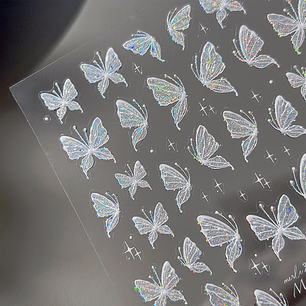 Aurora Muschel Schmetterling Nagelsticker Weiß Schmetterlinge Nail Sticker Gelee Relief Butterfly Nagelaufkleber Y2K Papillons Nagel Sticker Nägel Nageldesign Nagel Zubehör Nail Art Stickers Nailart