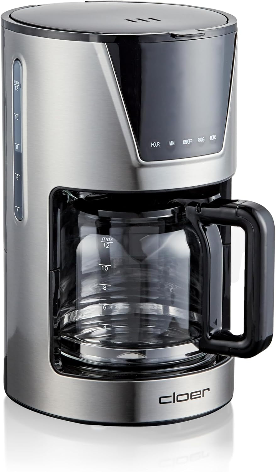 Machine à expresso à filtre Cloer 6 tasses, fonction maintien au chaud doux, carafe en verre, cuillère doseuse, indicateur de niveau d'eau, système anti-goutte, arrêt automatique, taille de filtre 1x2, 550 W, acier inoxydable