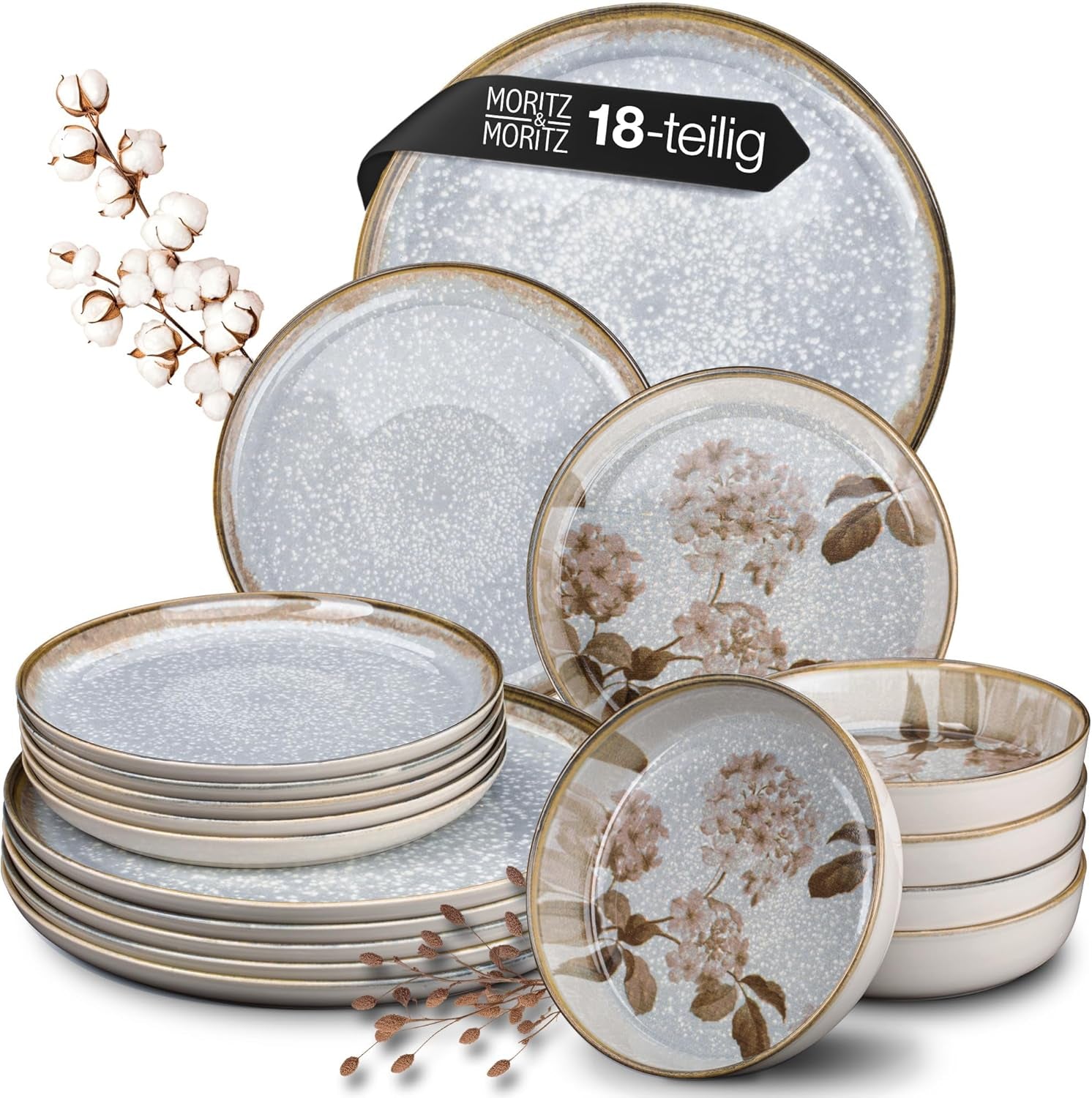Moritz & Moritz BLOSSOM service de table en porcelaine pour 6 personnes, 18 pièces - Vaisselle moderne au design ludique - Service à café facile d'entretien avec assiettes et bols - Service combiné