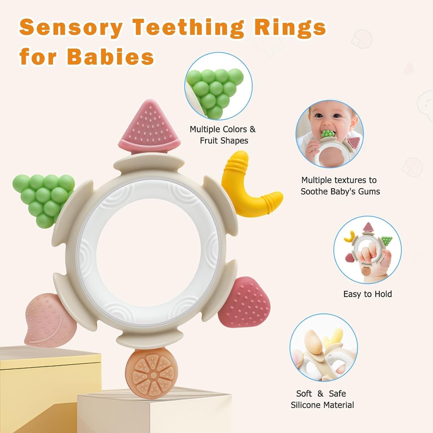 Anneau de dentition pour bébé, jouet sensoriel pour 0 3 6 7 8 9 10 12 mois, jouet d'aide à la dentition pour nouveau-nés de 3 6 12 18 mois, garçons et filles, cadeaux de Pâques pour fête prénatale marron
