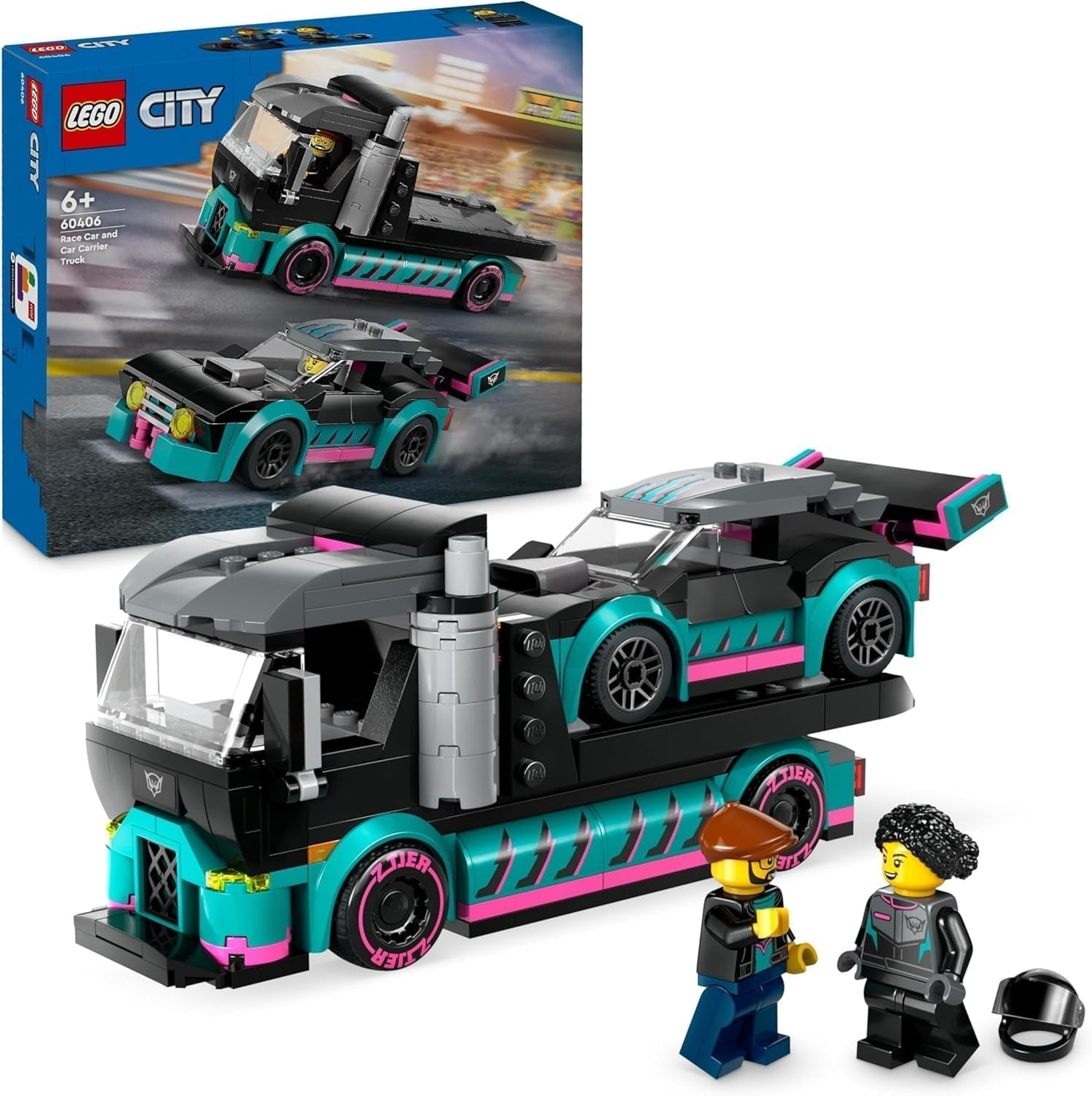 LEGO City Car Transporter avec voiture de course, camion jouet avec rampe de chargement réglable et voiture de course, jeu de construction avec 2 figurines, pilote de course et chauffeur de camion, pour enfants à partir de 6 ans 60406 Jeux de construction Besuche den LEGO-Store Single