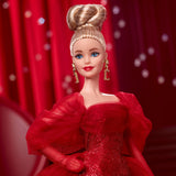 Barbie Signature Doll 80e anniversaire Mattel Figurine de collection en robe de tulle rouge scintillant avec boucles d'oreilles en forme de larme et gants délicats cheveux blonds JBJ17