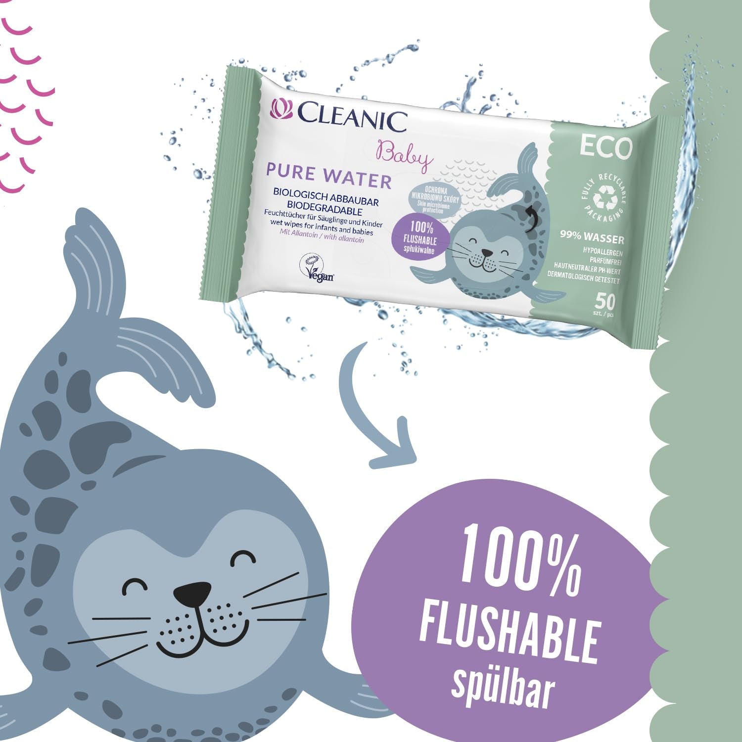 Lingettes humides Cleanic Baby Eco Pure Water – (1 x 50 pcs.) Lingettes humides pour enfants et nourrissons – sans parfum, jetables dans les toilettes, peaux sensibles – 50 pcs.