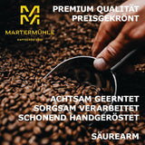 Grains d'espresso Martermühle Cioccolato 500g Fort | Arabica/Robusta | Saveurs : Noix de macadamia, chocolat au lait | Grains d'espresso entiers légèrement torréfiés, faible acidité