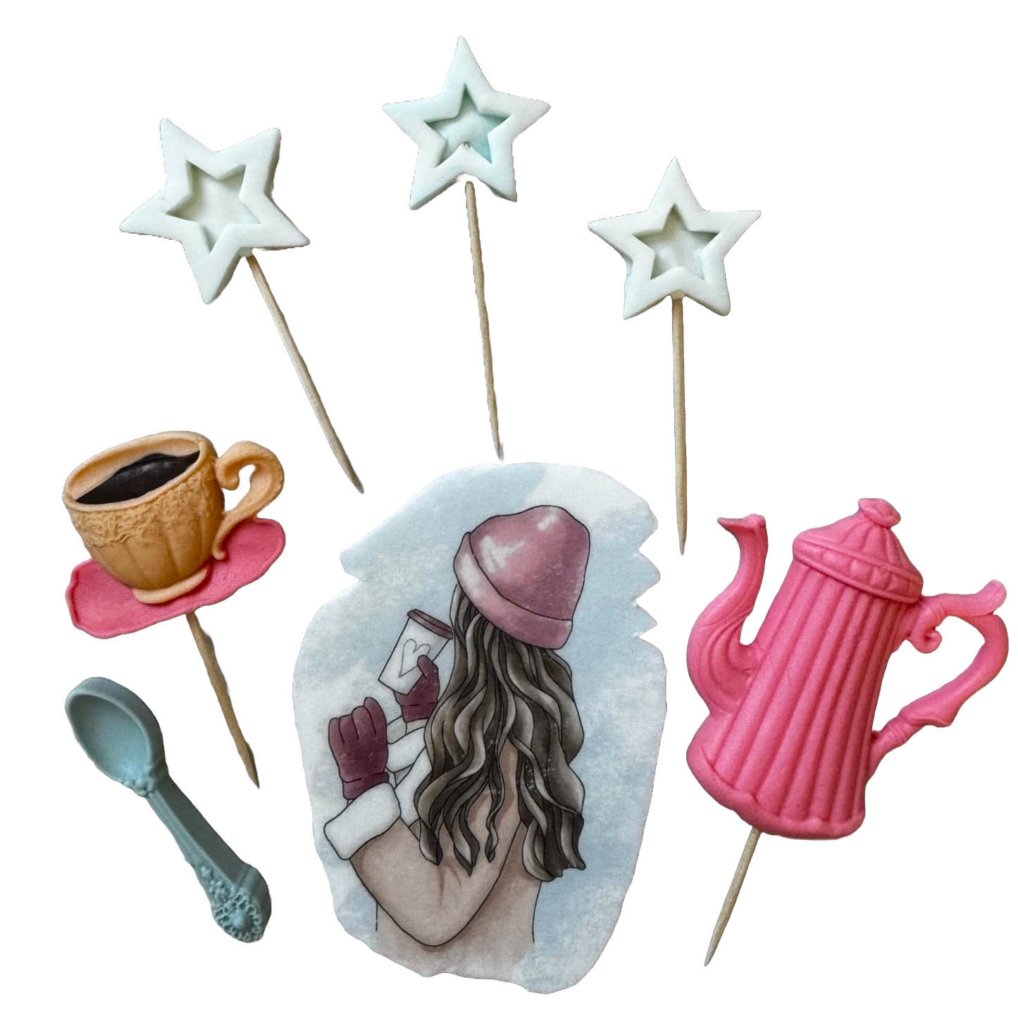 Lot de 7 décorations comestibles en pâte à sucre, Belle Dame, chapeau rose Décorations en Pâte à Sucre Naty Shop