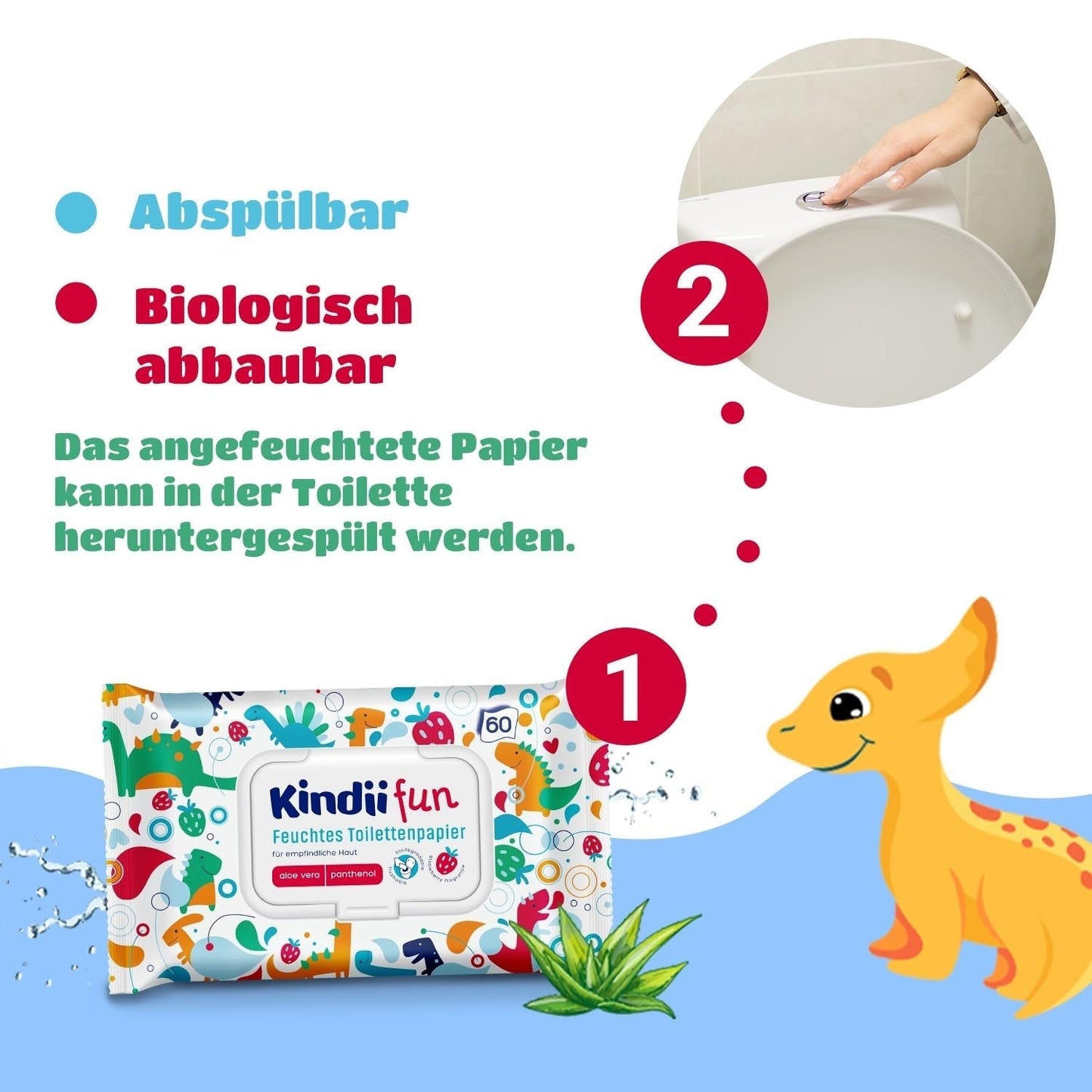 Kindii Fun Wet Toilet Paper - (10X60 pièces) Papier toilette humide - Camomille, Aloe Vera, Ph-Neutre, Waterable, Rafraîchit la zone intime - 600 pièces