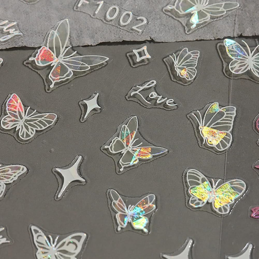 4 feuilles holographiques Laser blanc Schmetterling Nagelsticker,Y2K Aurora Schmetterling Stern Nail Sticker 3D Flamme Herz Nageldesign Nagelsticker Selbstklebend Nagel Sticker Nagel Zubehör Nail Art