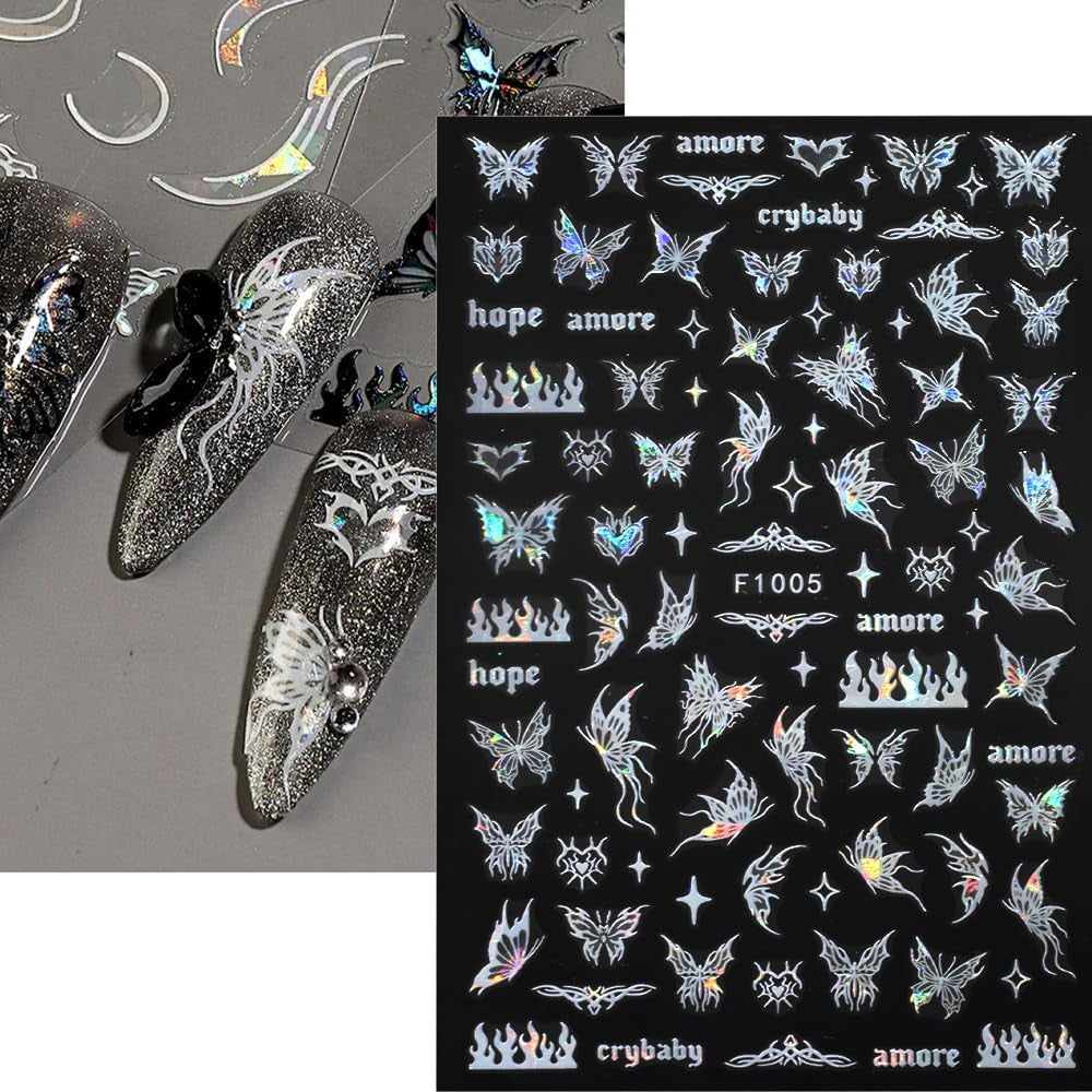4 feuilles holographiques Laser blanc Schmetterling Nagelsticker,Y2K Aurora Schmetterling Stern Nail Sticker 3D Flamme Herz Nageldesign Nagelsticker Selbstklebend Nagel Sticker Nagel Zubehör Nail Art