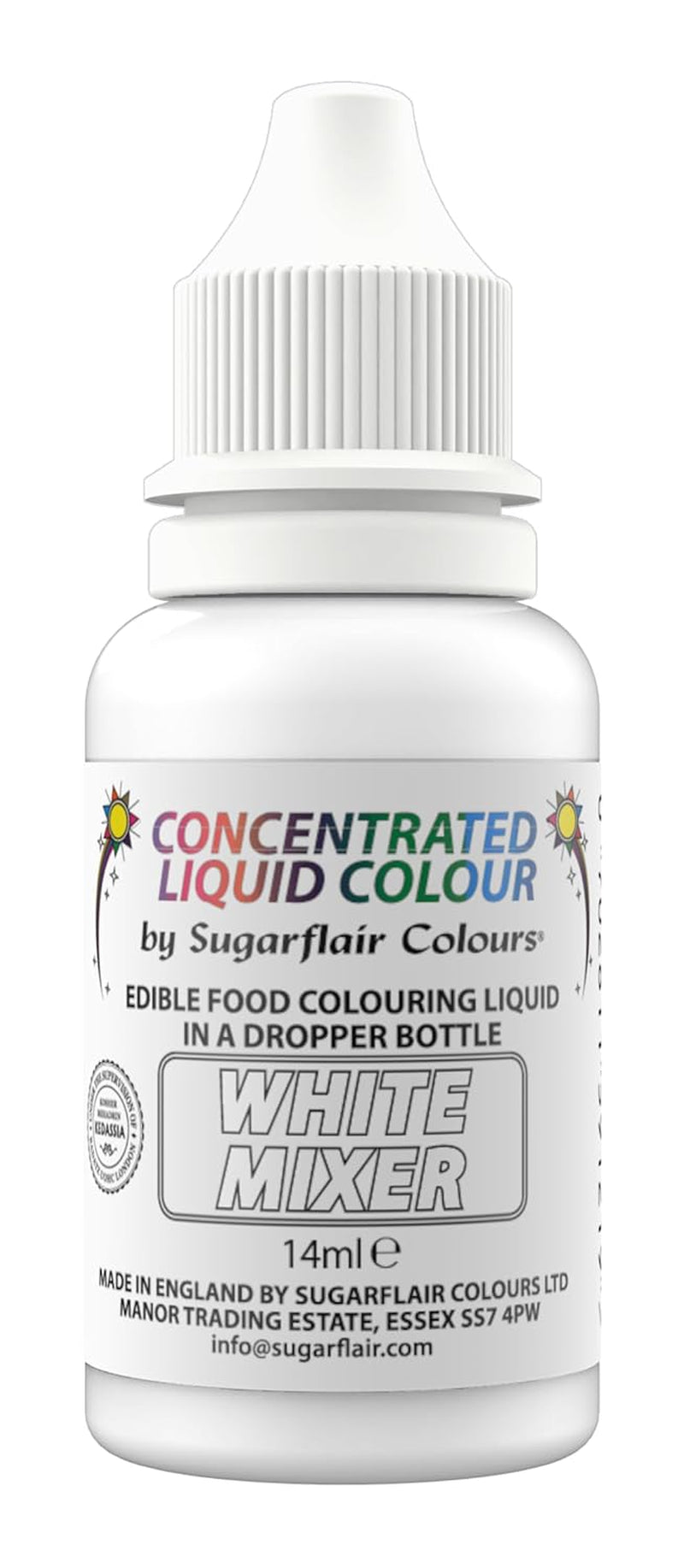 Sugarflair Peinture comestible en gouttes, blanc liquide – Colorant alimentaire pour pâte à sucre, crème au beurre – Aérographe – 14 ml
