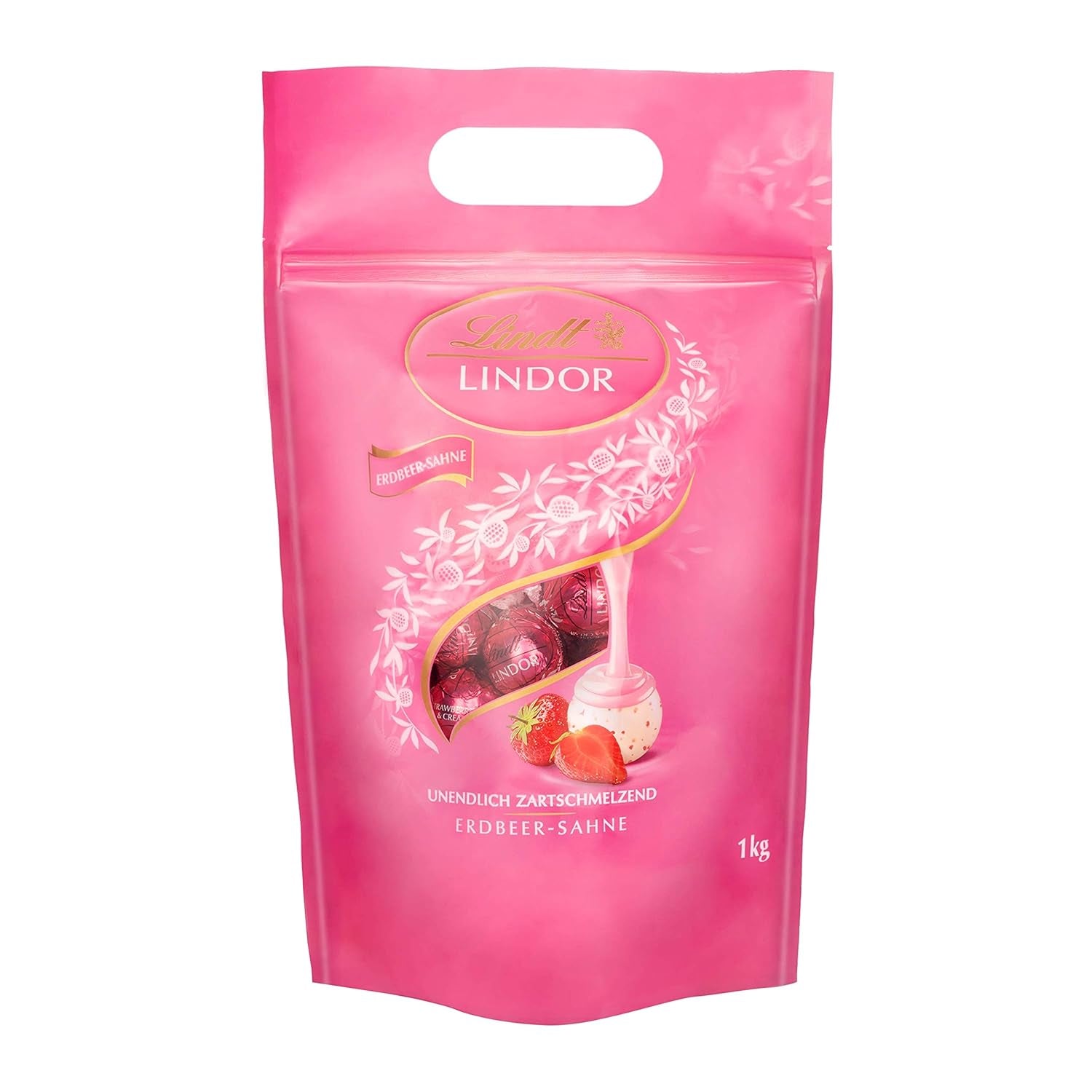 Mélange de chocolat LINDOR | 1371g | Env. 109 boules : Boules de chocolat au lait et LINDOR à la crème de fraise | Sac de 1 kg, env. 80 boules de chocolat chocolat blanc à la crème de fraise