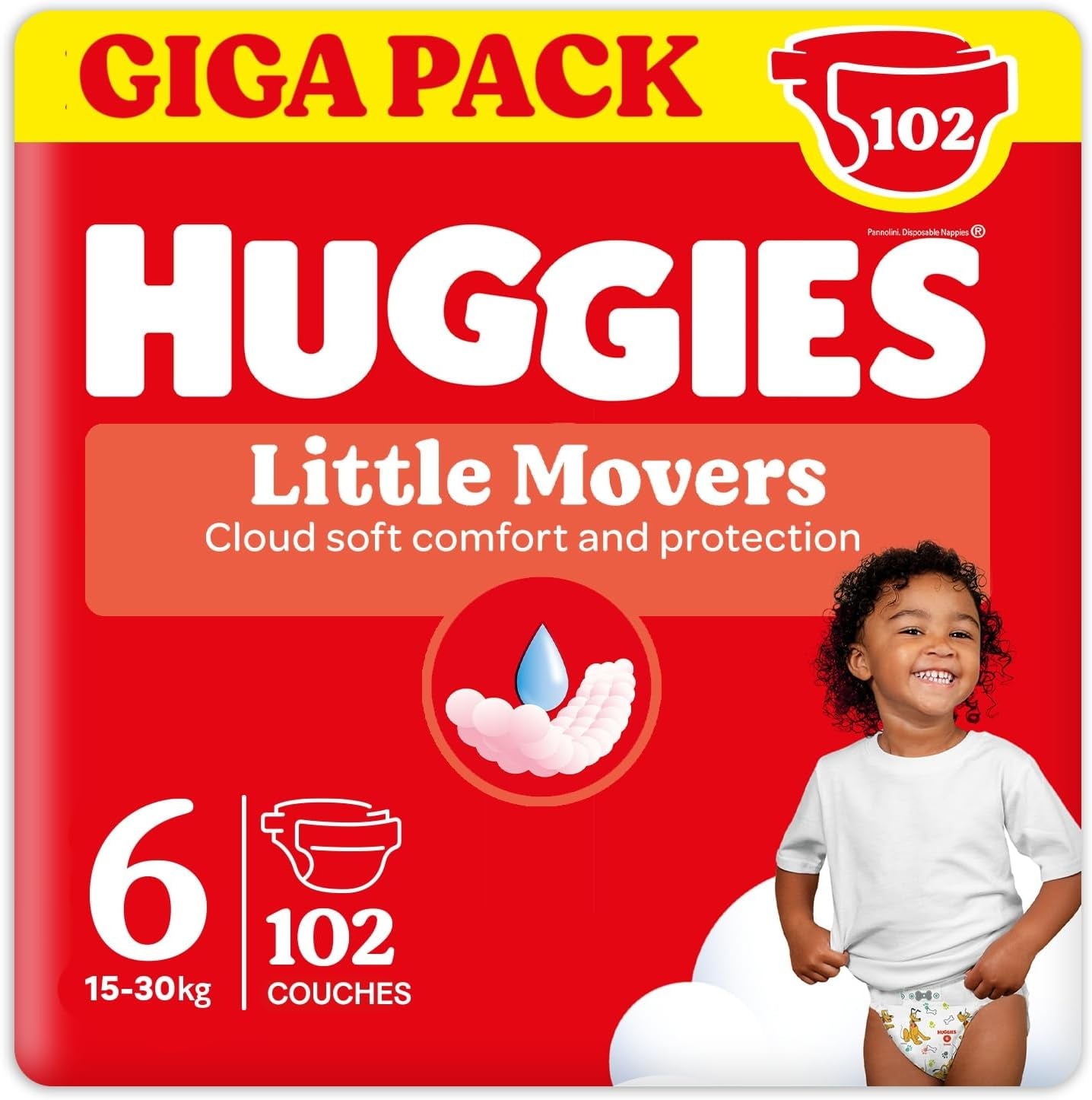 Couches pour bébé Huggies Little Movers, motif Disney, taille 6, 102 pièces (3 x 34), boîte mensuelle