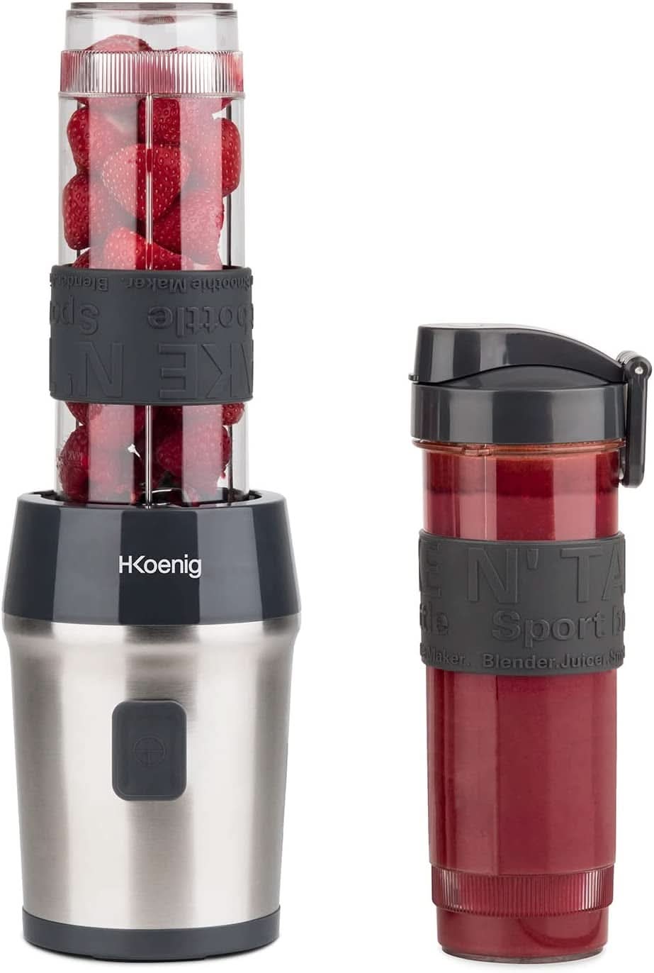 H.Koenig Smoothie Maker SMOO9 - Mini Robot Mixeur - Mini Blender - 300 Watt - 570 Ml - Edelstahl - 2 Kunststoffflaschen - Sans BPA, Grau Kitchen Naty Shop Grau