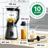 Bosch Batteur sur socle Vitapower Serie 4 MMB6174SN, Version Verbesserte, Hochwertige Edelstahl-Klingen, 1,5L Glasbehälter, 0,6L To-Go-Flasche, Spülmaschinenfeste Teile, 30 000 U/Min, 1200 W, Silver Kitchen Naty Shop