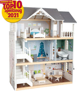 Small Foot Maison de poupée en bois à 3 étages avec façade ouverte et 12 meubles pour 3 ans et plus 11802 Blanc Gris