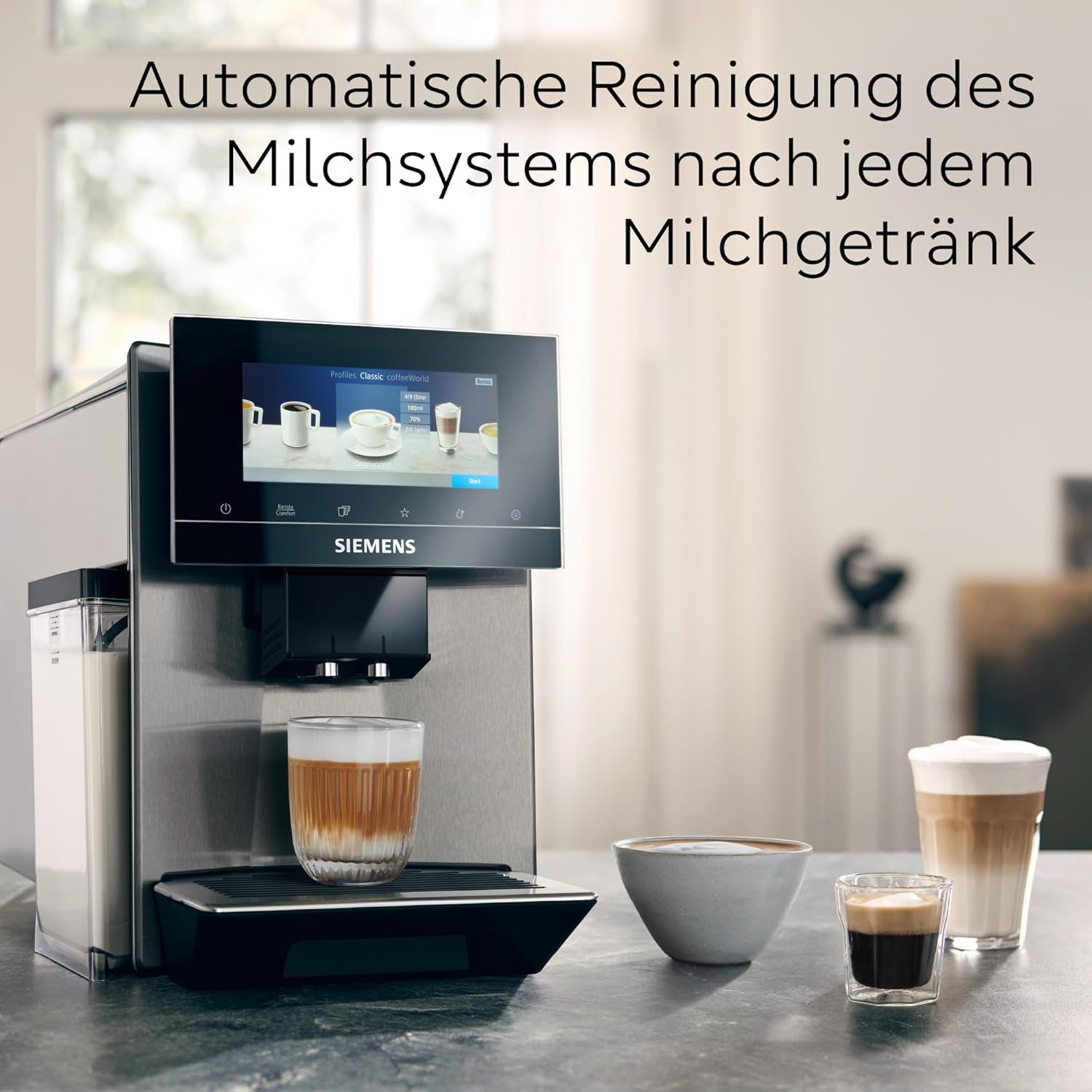 Siemens EQ900 TQ903D03 Machine à expresso automatique, contrôle par application, écran tactile intuitif, mode Barista, AromaBoost, réduction du bruit, broyeur Premium, nettoyage automatique à la vapeur, 1500 W, acier inoxydable