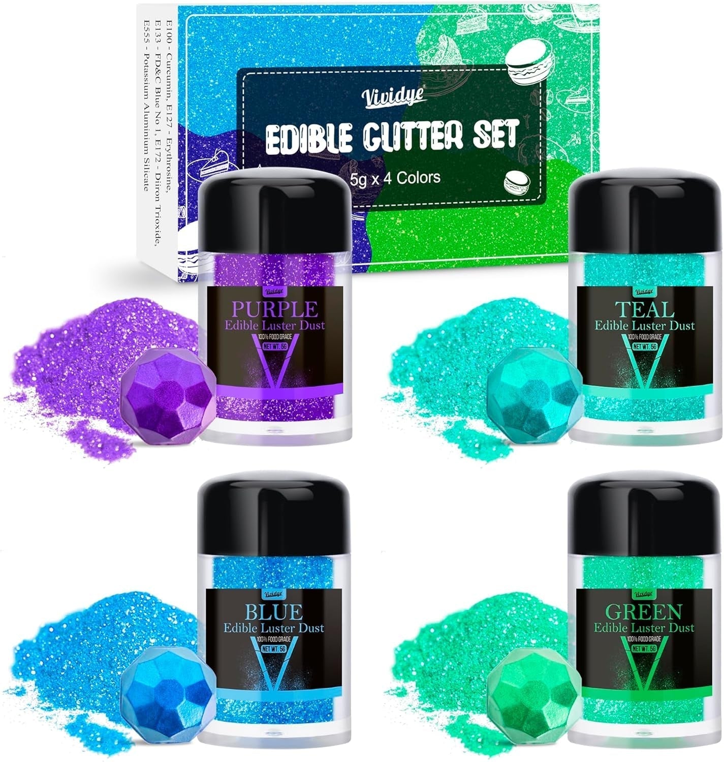 Paillettes comestibles – 4 couleurs de poudre de paillettes comestibles, poudre de paillettes pour boissons, aliments, gâteaux – poudre colorante alimentaire métallique comestible pour la pâtisserie, cocktails – 5 g/bouteille