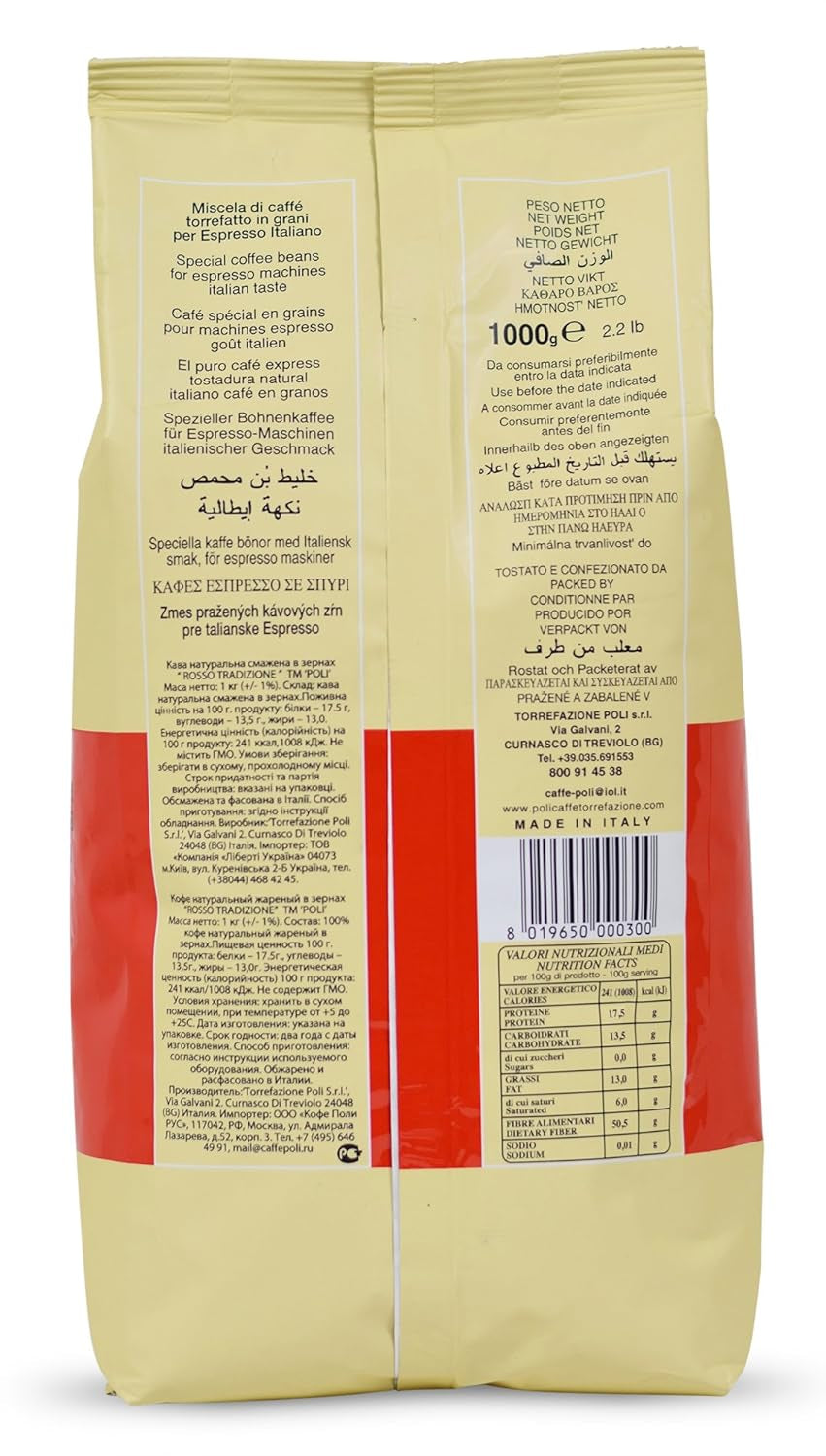Café Poli Rosso | Expresso traditionnel | Machines à expresso italiennes | Idéal pour Kaffeevollautomaten, Siebträger et Espressomashinen | 1x1 kg