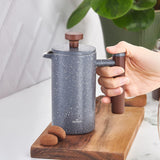 KARACA Presse française à double paroi en marbre avec poignée en châtaignier - Presse française isolée pour café - Cafetière de camping pour la maison, les voyages - 350 ml - Gris foncé