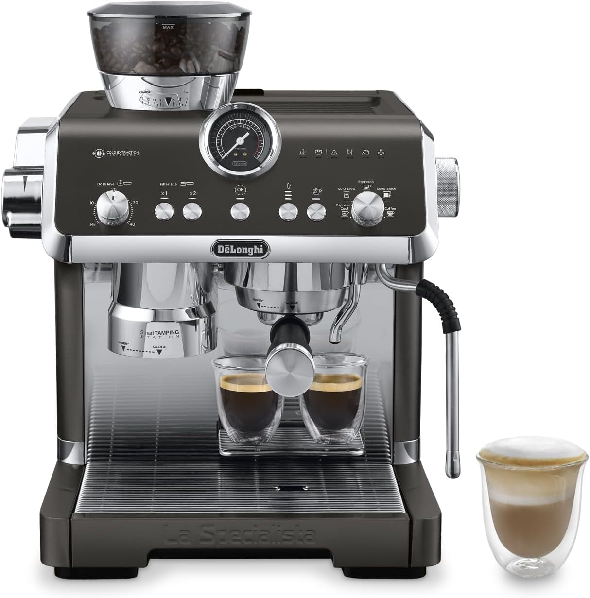 De'Longhi La Specialista Arte EC9155.MB Machine à expresso porte-filtre avec moulin, 8 niveaux de mouture, pression 15 bars, 3 niveaux de température, mousseur à lait, 1550 W, réservoir 1,7 L, acier inoxydable/noir, kit barista inclus
