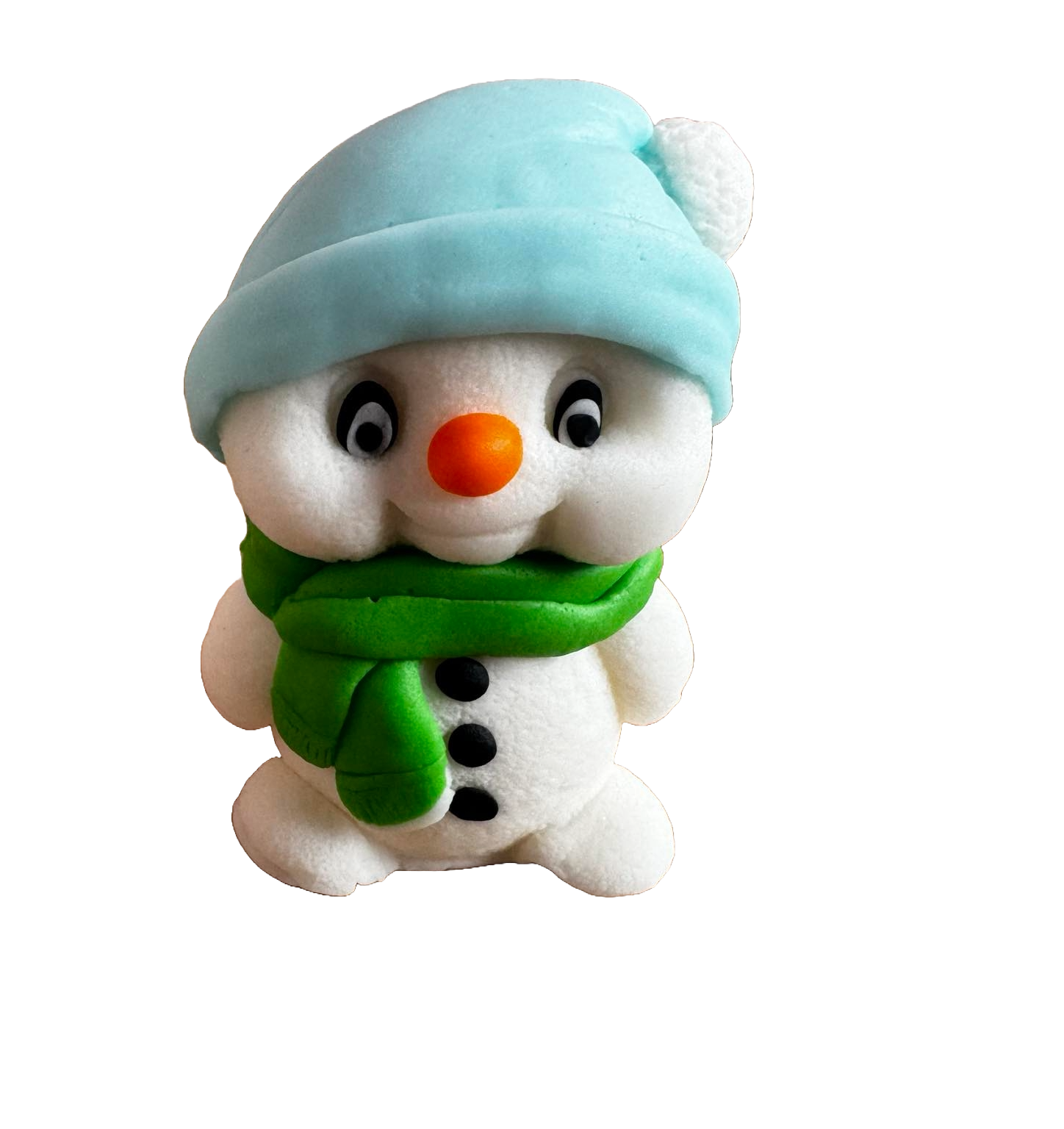 Décoration comestible en pâte à sucre, Bonhomme de neige avec écharpe verte et chapeau bleu Décorations en pâte à sucre Naty Shop