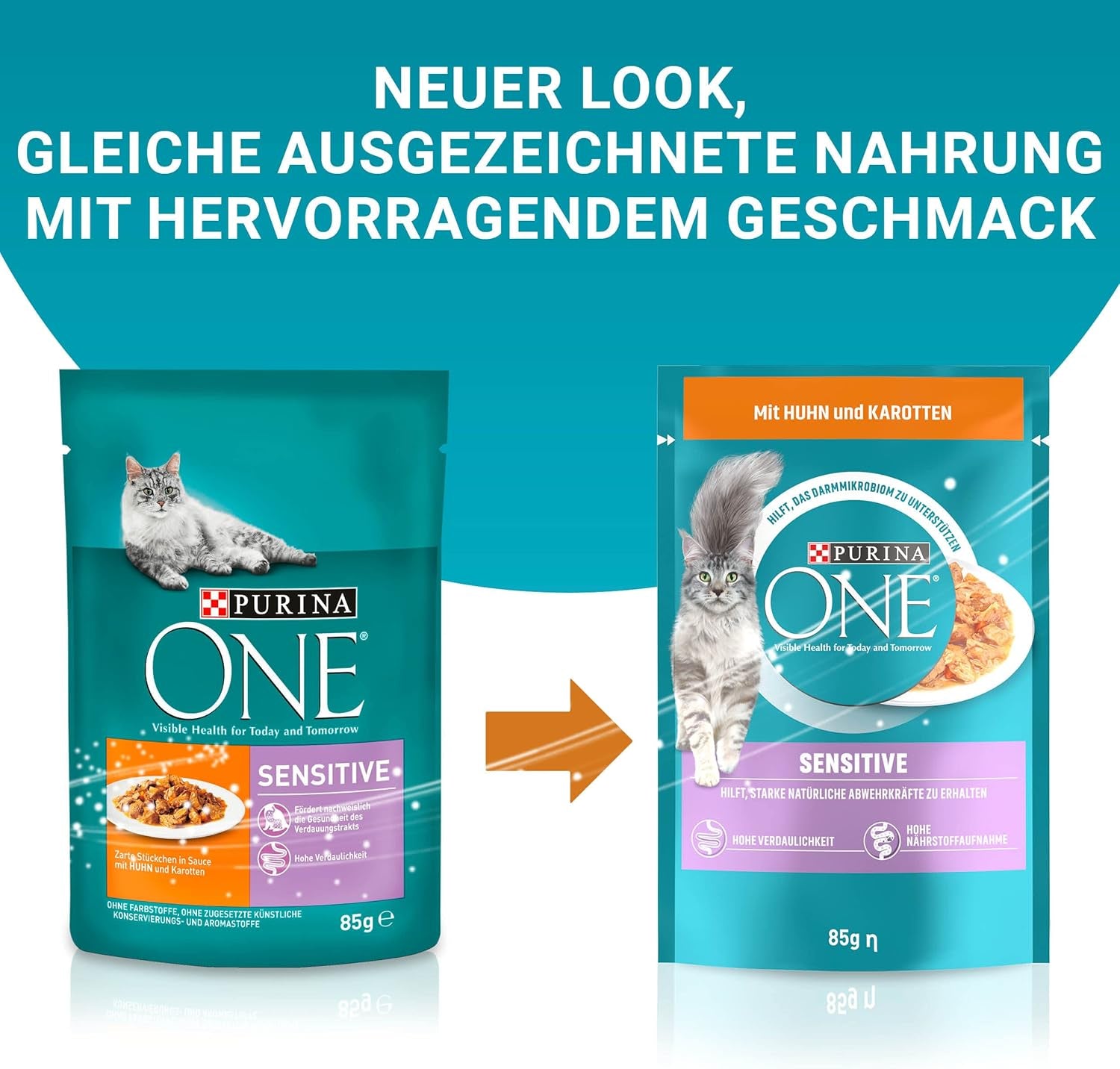 PURINA ONE Sensitive nourriture humide pour chat, morceaux tendres en sauce au poulet, paquet de 26 (26 x 85g)