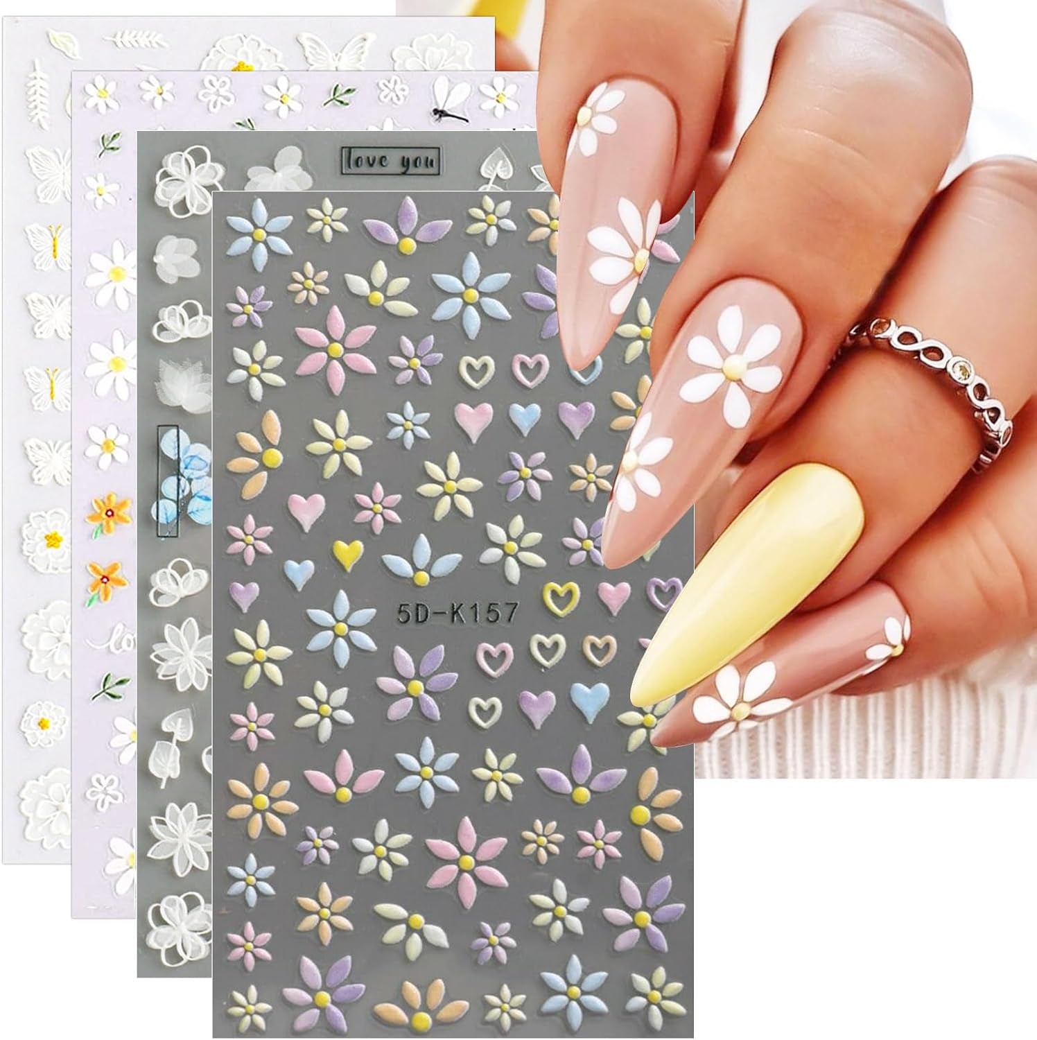 JMEOWIO Autocollants de manucure 3D en forme de fleurs pour nail art