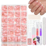 Ensemble de faux ongles ballerine dégradé 360 pièces, ongles artificiels à coller dégradé blanc rose avec 2 stylos à huile pour ongles, faux ongles moyens ombrés pour femmes à faire soi-même