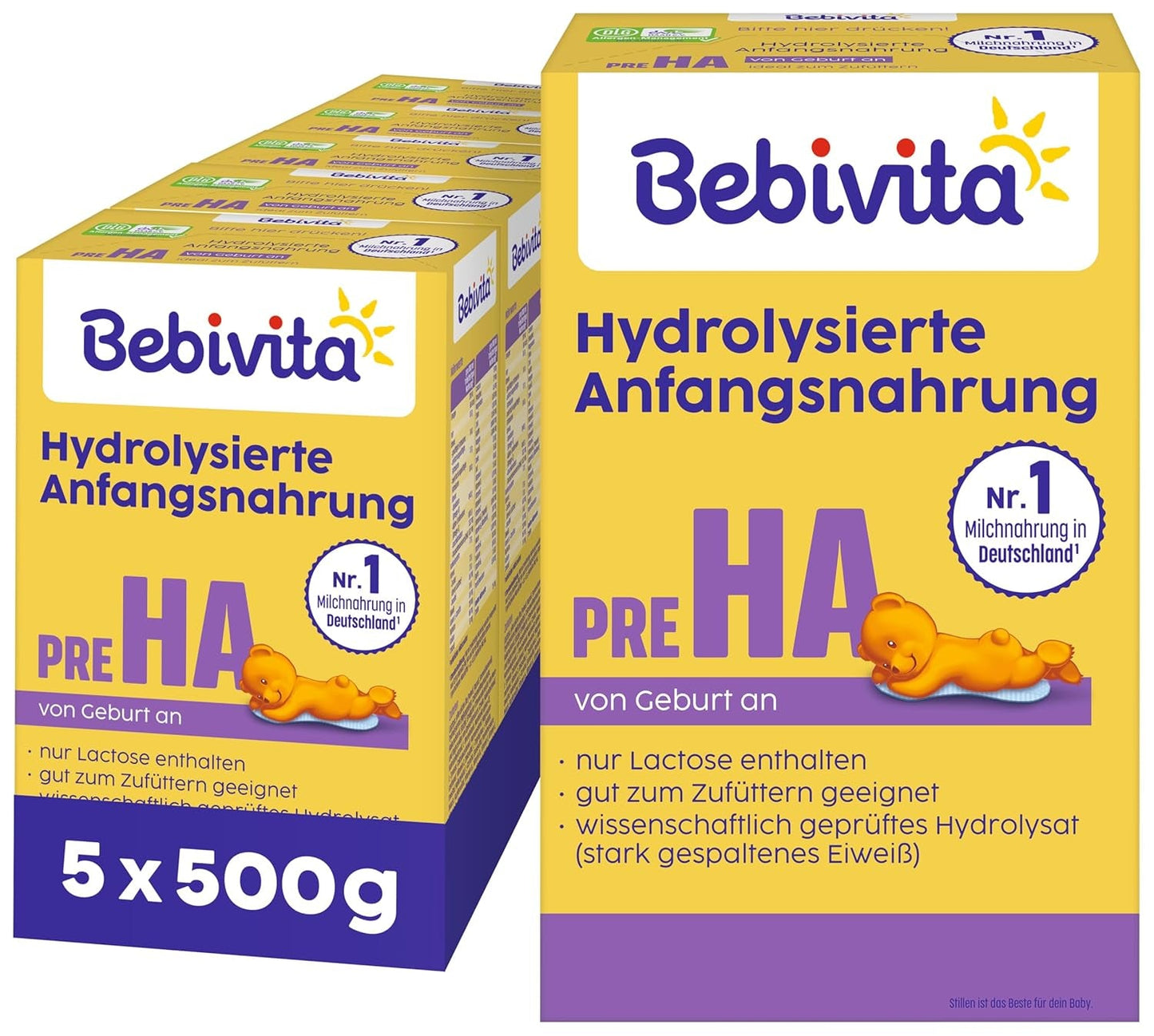 PRE HA (5 x 500g), lait en poudre hydrolysé dès la naissance, contient uniquement du lactose comme glucide, adapté à l'alimentation complémentaire