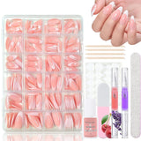 Ensemble de faux ongles ballerine dégradé 360 pièces, ongles artificiels à coller dégradé blanc rose avec 2 stylos à huile pour ongles, faux ongles moyens ombrés pour femmes à faire soi-même