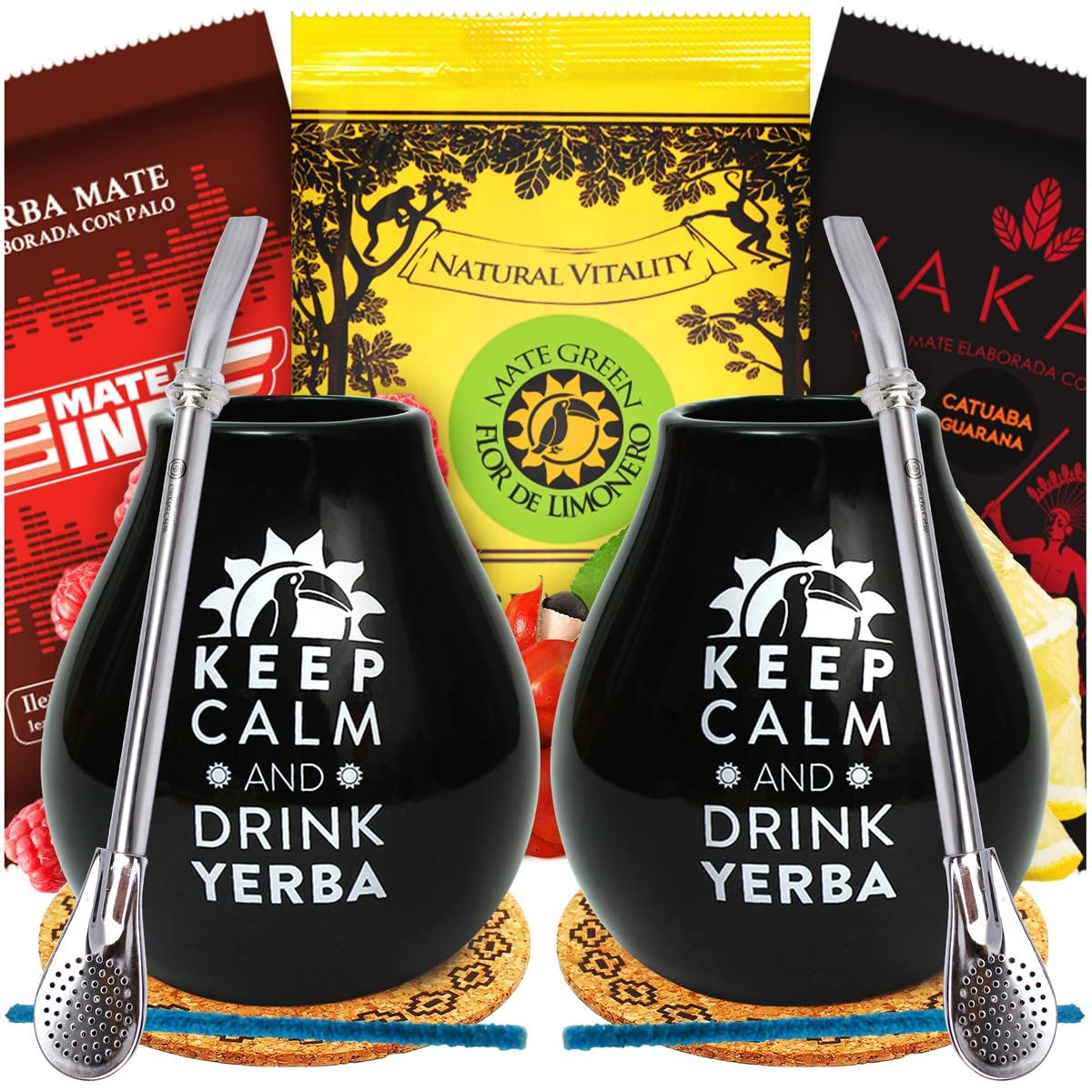 Service à thé Yerba Mate pour deux 150G | Thé maté au guarana et aux fruits | Thé Yerba Mate en feuilles mobiles | Tasse en céramique noire mate 350 ml | Paille en acier Bombilla Liza 19 cm