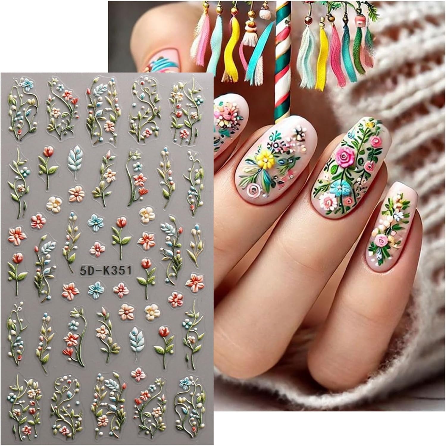 JMEOWIO Autocollants de Nail Art 3D, Autocollants pour Nail Art, Autocollants pour Nail Art, Autocollants pour Nail Art, Autocollants pour Nail Art, 5D Stéréoscopiques, Feuilles d'herbes, Décoration de Nageldesign, 4 Feuilles