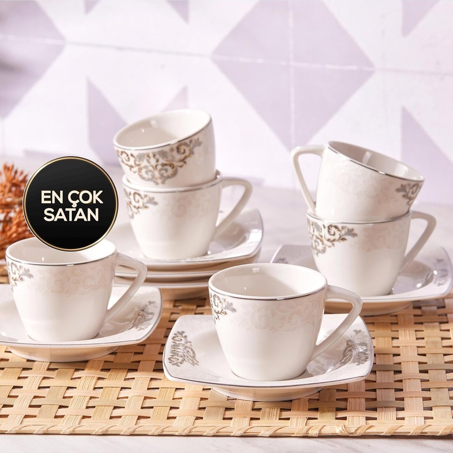 KARACA Nazende Ensemble de tasses à expresso en porcelaine – Tasses à café turques de 80 ml avec soucoupes, service à café moderne 12 pièces avec 6 tasses à café et 6 soucoupes, tasses à moka – Blanc