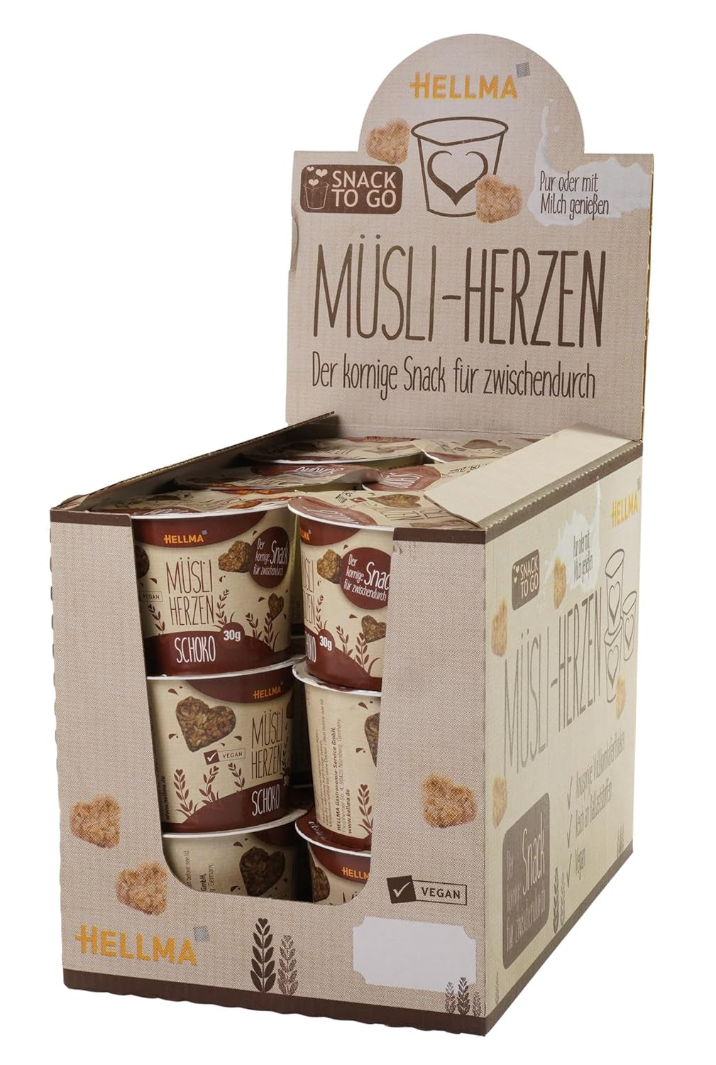 HELLMA Coeurs au Muesli et Chocolat - 18 portions de 30 g chacune - Gruau enrobé de chocolat en forme de coeur, tasses à emporter