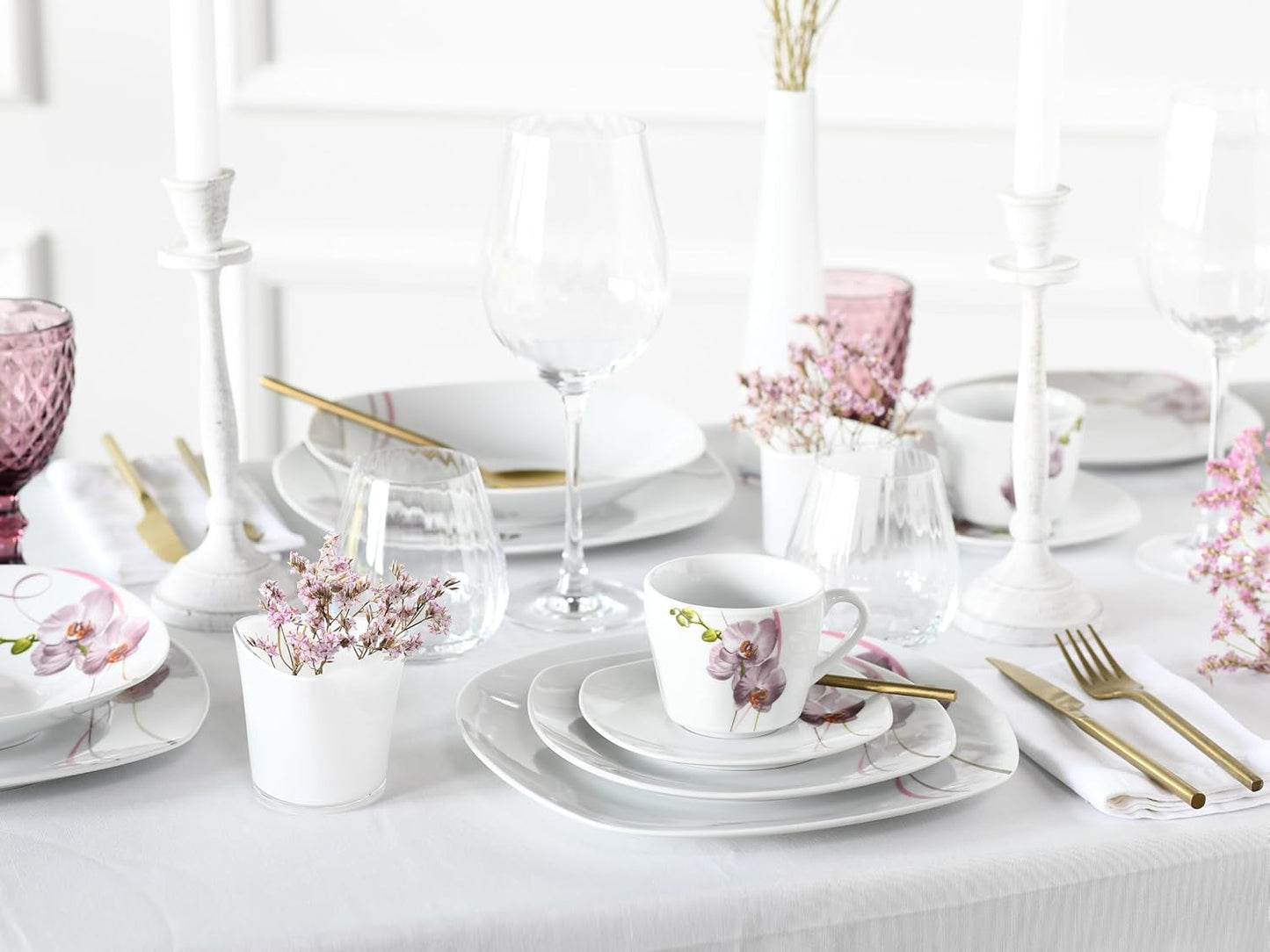 CreaTable, 24024, Série Square Orchid, Service de table 18 pièces pour 6 personnes, Service à café en porcelaine, Passe au lave-vaisselle et au micro-ondes, Fabrication de qualité