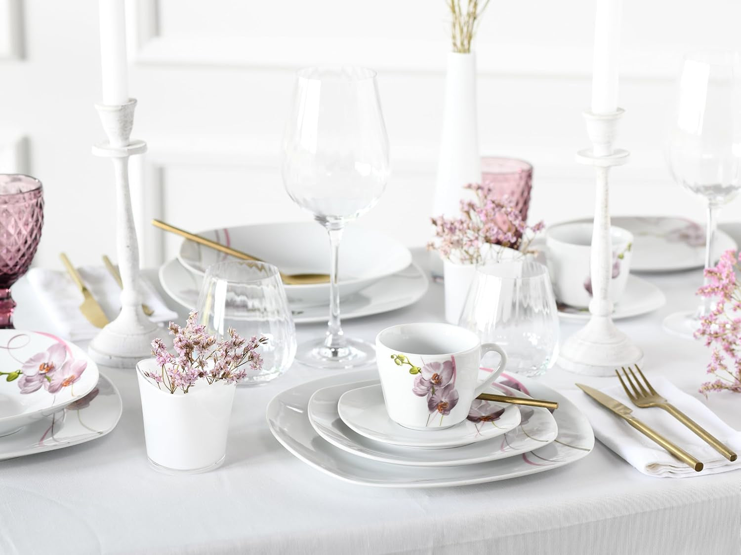 CreaTable, 24024, Série Square Orchid, Service de table 18 pièces pour 6 personnes, Service à café en porcelaine, Passe au lave-vaisselle et au micro-ondes, Fabrication de qualité