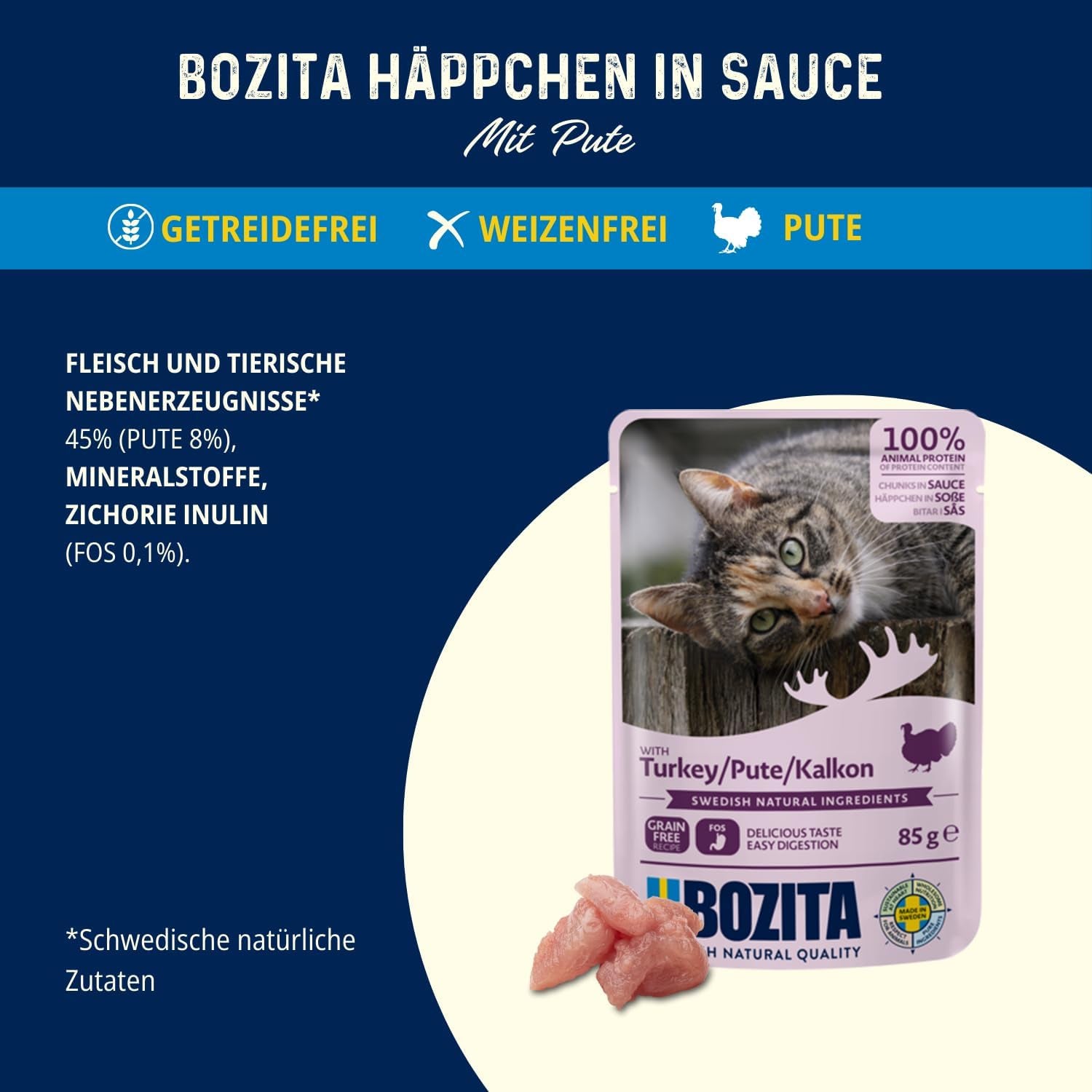 Bozita Pouch Nassfutter Häppchen en Sauce au Poulet - 12x85g Portionsbeutel getreidefreies & weizenfreies Futter für Katzen - Katzennassfutter für erwachsene Katzen mit 8,5% Protein & 4,5% Fettgehalt