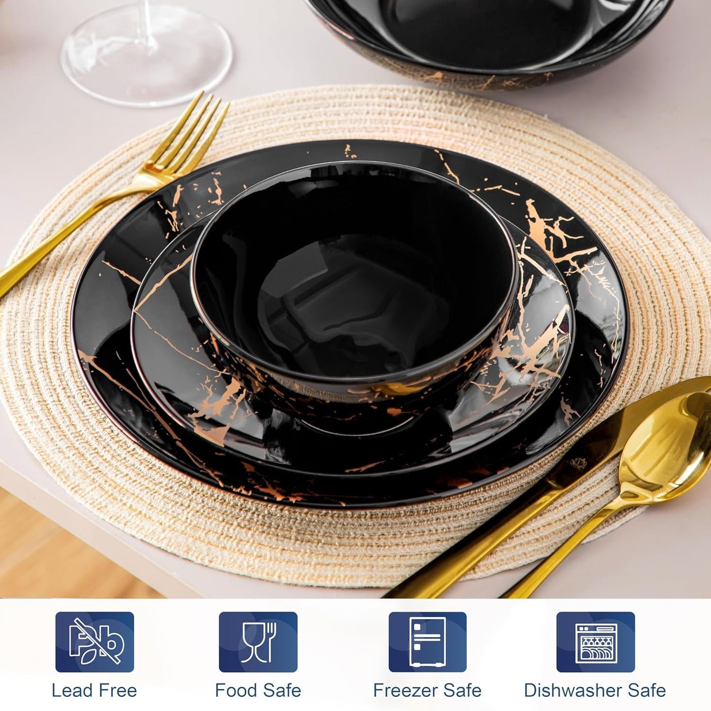 LOVECASA Ensemble de vaisselle en porcelaine série Daphné SWEET Ensemble combiné de 24 pièces Assiettes à dîner design doré Assiettes à dessert Bols à céréales et assiettes à dîner pour 6 personnes