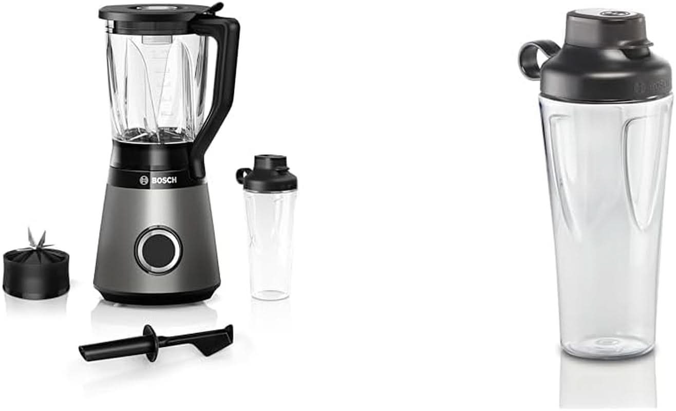 Bosch Batteur sur socle Vitapower Serie 4 MMB6174SN, Version Verbesserte, Hochwertige Edelstahl-Klingen, 1,5L Glasbehälter, 0,6L To-Go-Flasche, Spülmaschinenfeste Teile, 30 000 U/Min, 1200 W, Silber Bucatarie Naty Shop Bundle Mit Flasche 0,6 L 2-In-1, Neu Mit 10 Jahre Motorgarantie