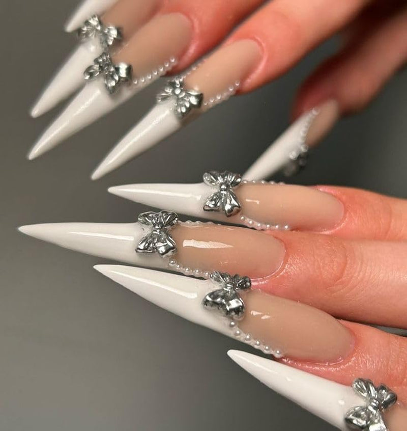 Mouyouglow longs ongles Stiletto laiteux blanc dégradé rose paillettes Cool faux ongles avec colle rose Ombre paillettes ongles artificiels