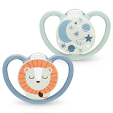Sucettes NUK Space Night, 0-6 mois, très grandes fentes d'aération, phosphorescentes, silicone sans BPA, renard et coccinelle, paquet de 2